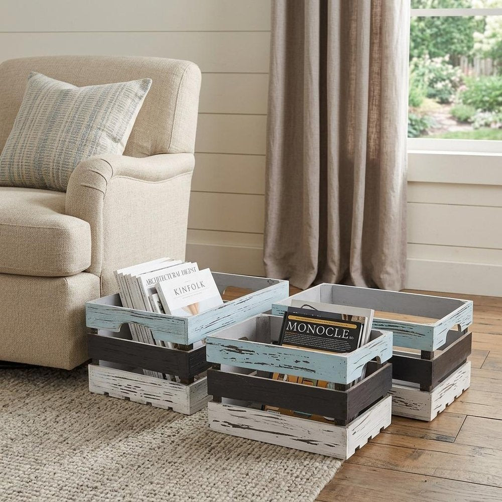 Set of Three Black Light Blue And Off White Nesting Solid Wood Crate