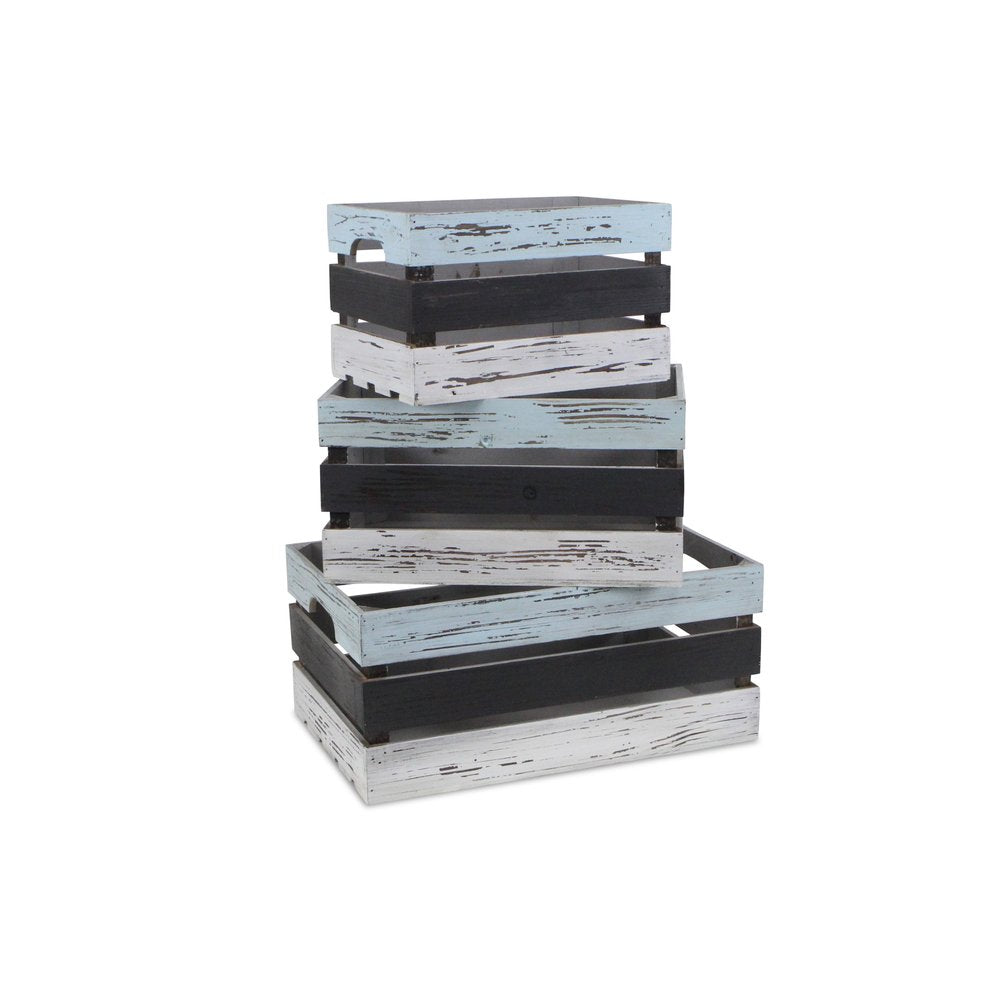 Set of Three Black Light Blue And Off White Nesting Solid Wood Crate