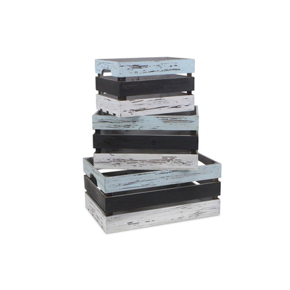 Set of Three Black Light Blue And Off White Nesting Solid Wood Crate