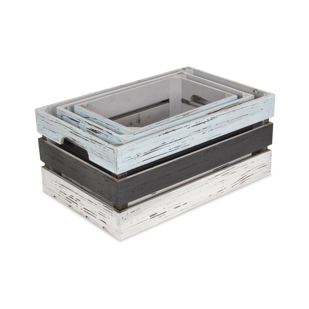 Set of Three Black Light Blue And Off White Nesting Solid Wood Crate