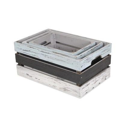 Set of Three Black Light Blue And Off White Nesting Solid Wood Crate