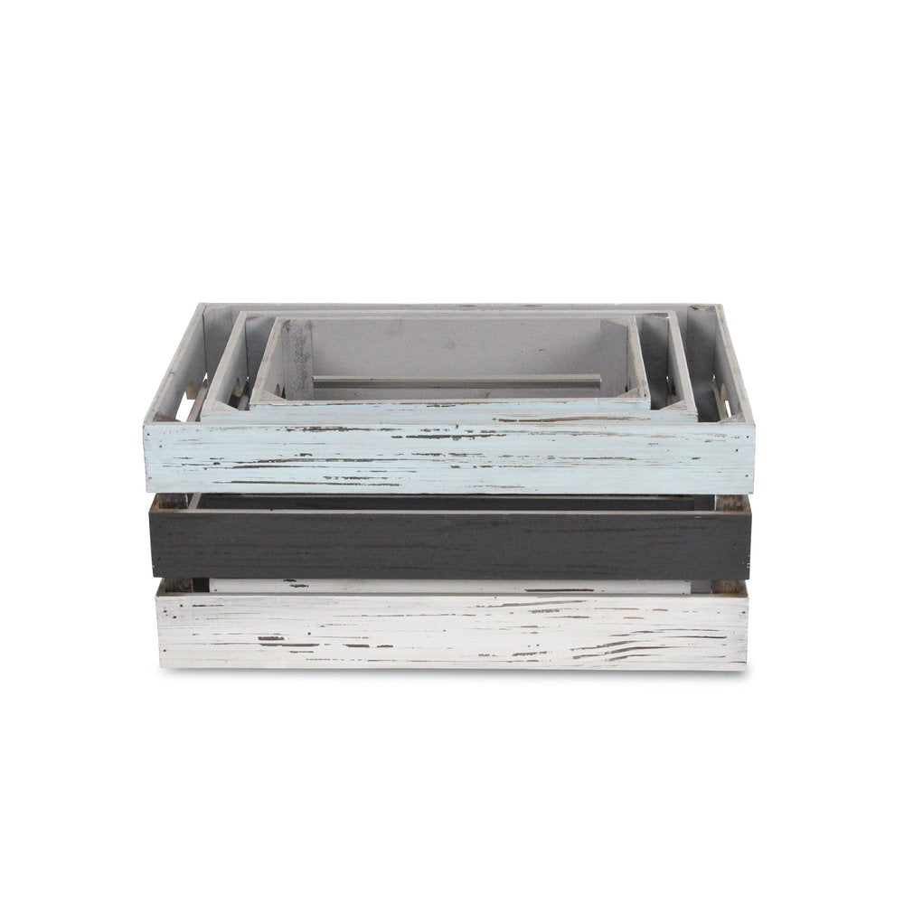 Set of Three Black Light Blue And Off White Nesting Solid Wood Crate