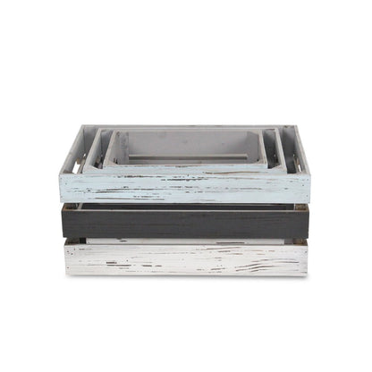 Set of Three Black Light Blue And Off White Nesting Solid Wood Crate