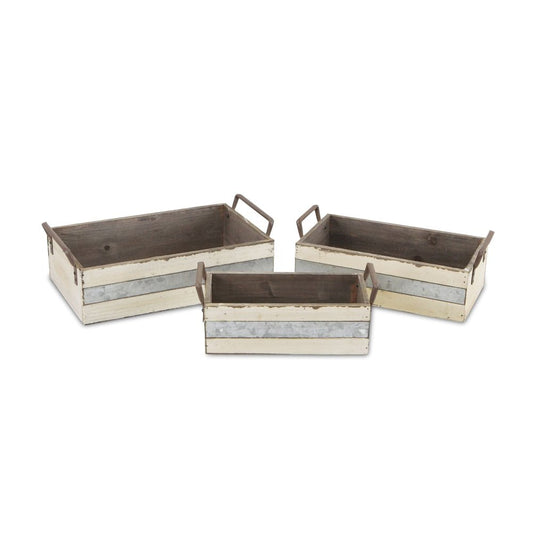 Set of Three Off White Nesting Solid Wood And Metal Crate