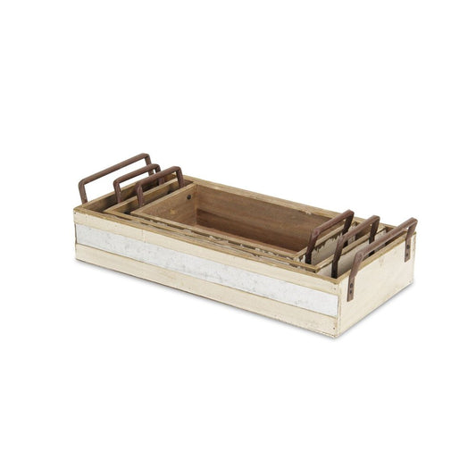 Set of Three White Nesting Solid Wood And Metal Crate