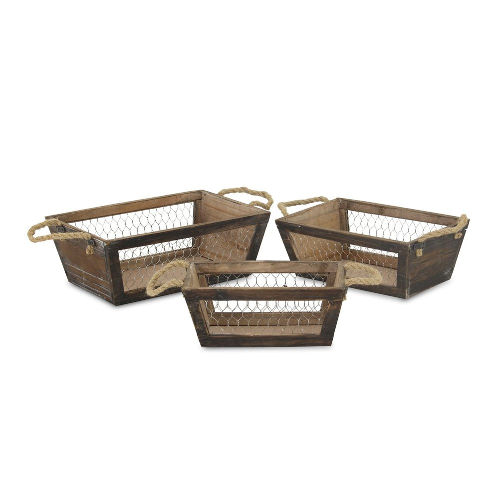 Set of Three Dark Brown Nesting Solid Wood And Metal Crate