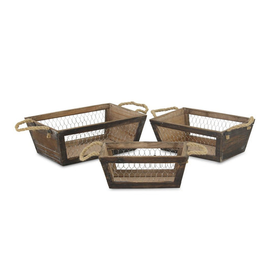 Set of Three Dark Brown Nesting Solid Wood And Metal Crate