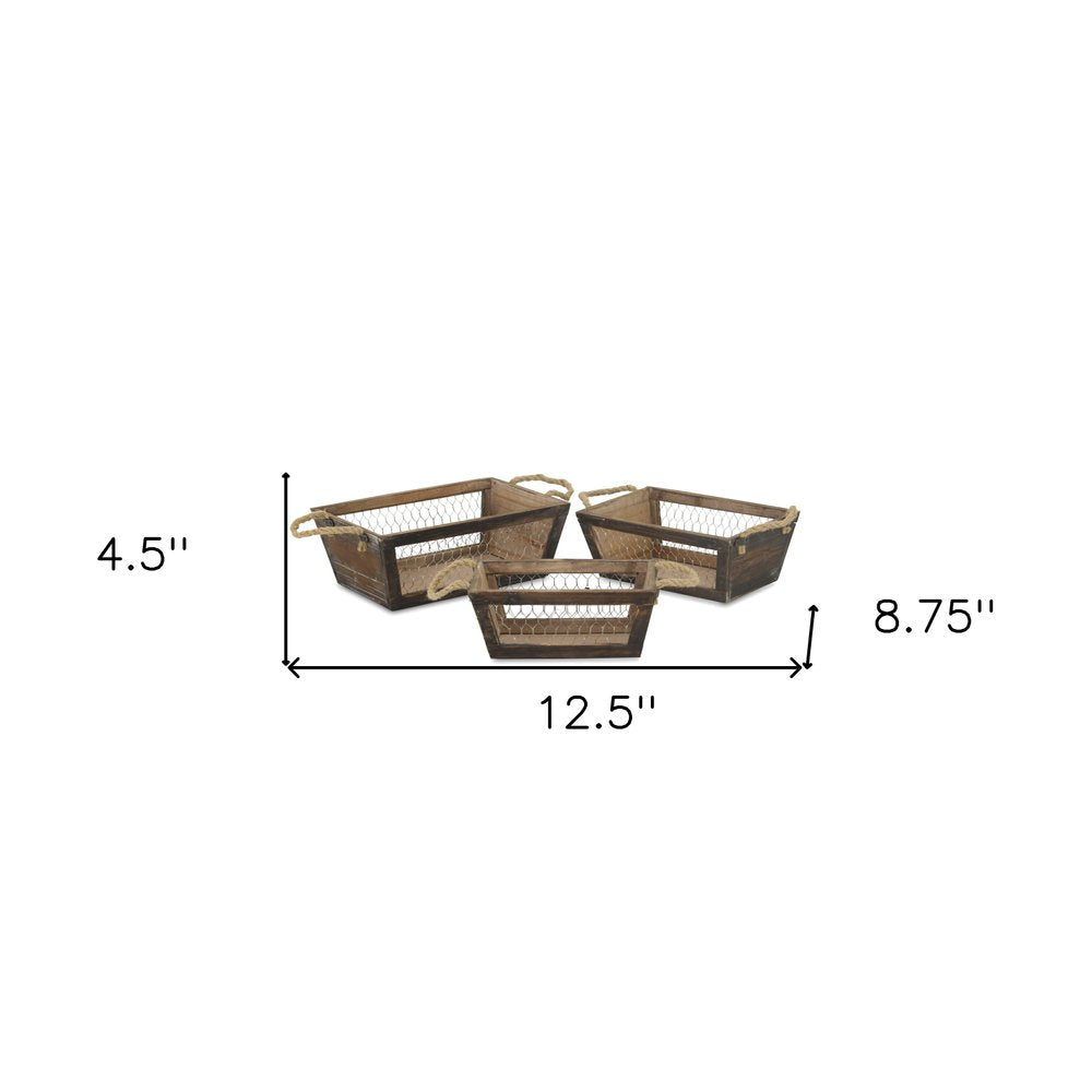 Set of Three Dark Brown Nesting Solid Wood And Metal Crate