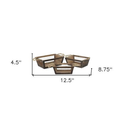 Set of Three Dark Brown Nesting Solid Wood And Metal Crate