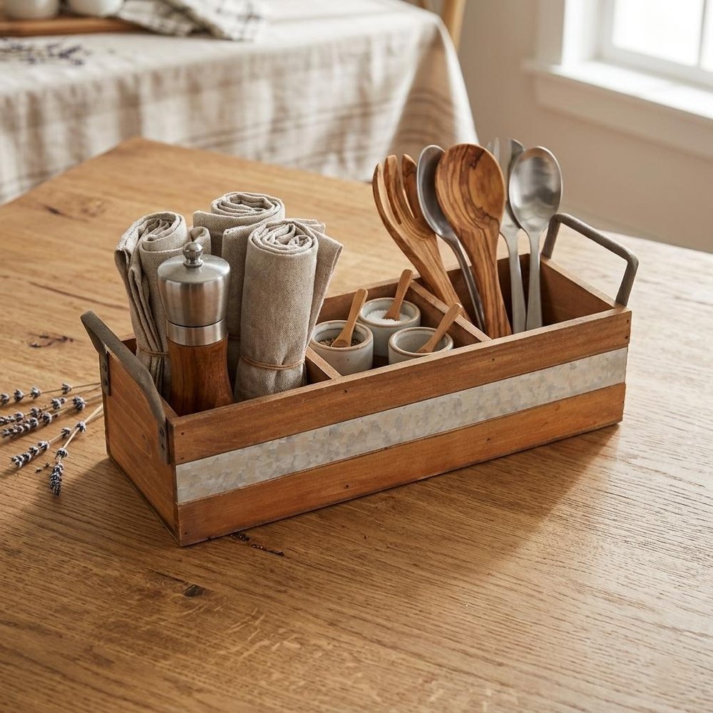 15" Brown Galvanized Solid Wood And Metal Organizing Box