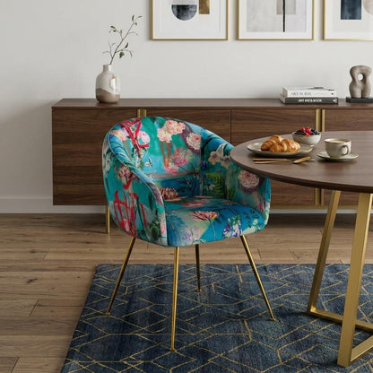 Blue Green And Gold Floral Velvet Dining Arm Chair