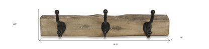 19" Brown Natural Rustic Live Edge Wood Three Hook Wall Mount Coat Rack