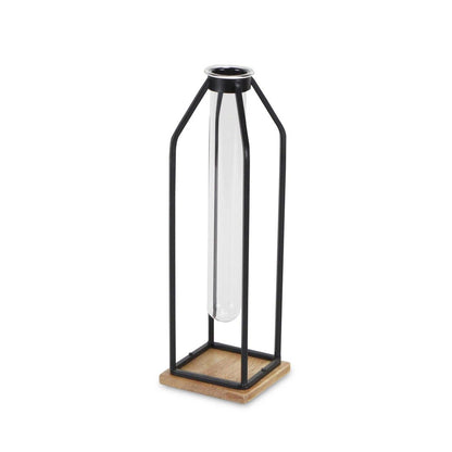 12" Black Clear And Natural Metal Glass And Wood Posy Test Tube Table Vase