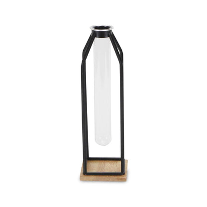12" Black Clear And Natural Metal Glass And Wood Posy Test Tube Table Vase