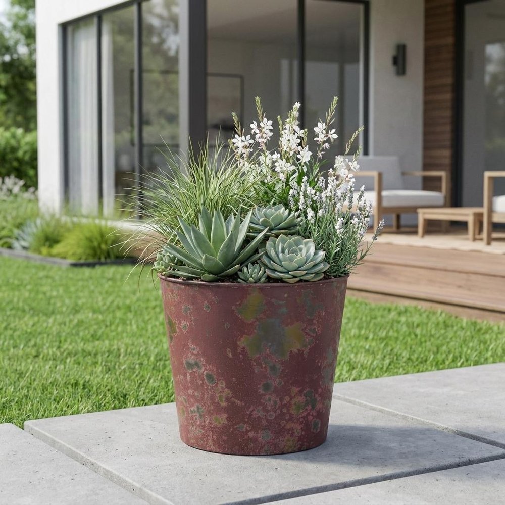 7" Red Recycled Plastic Indoor Outdoor Round Pot Planter
