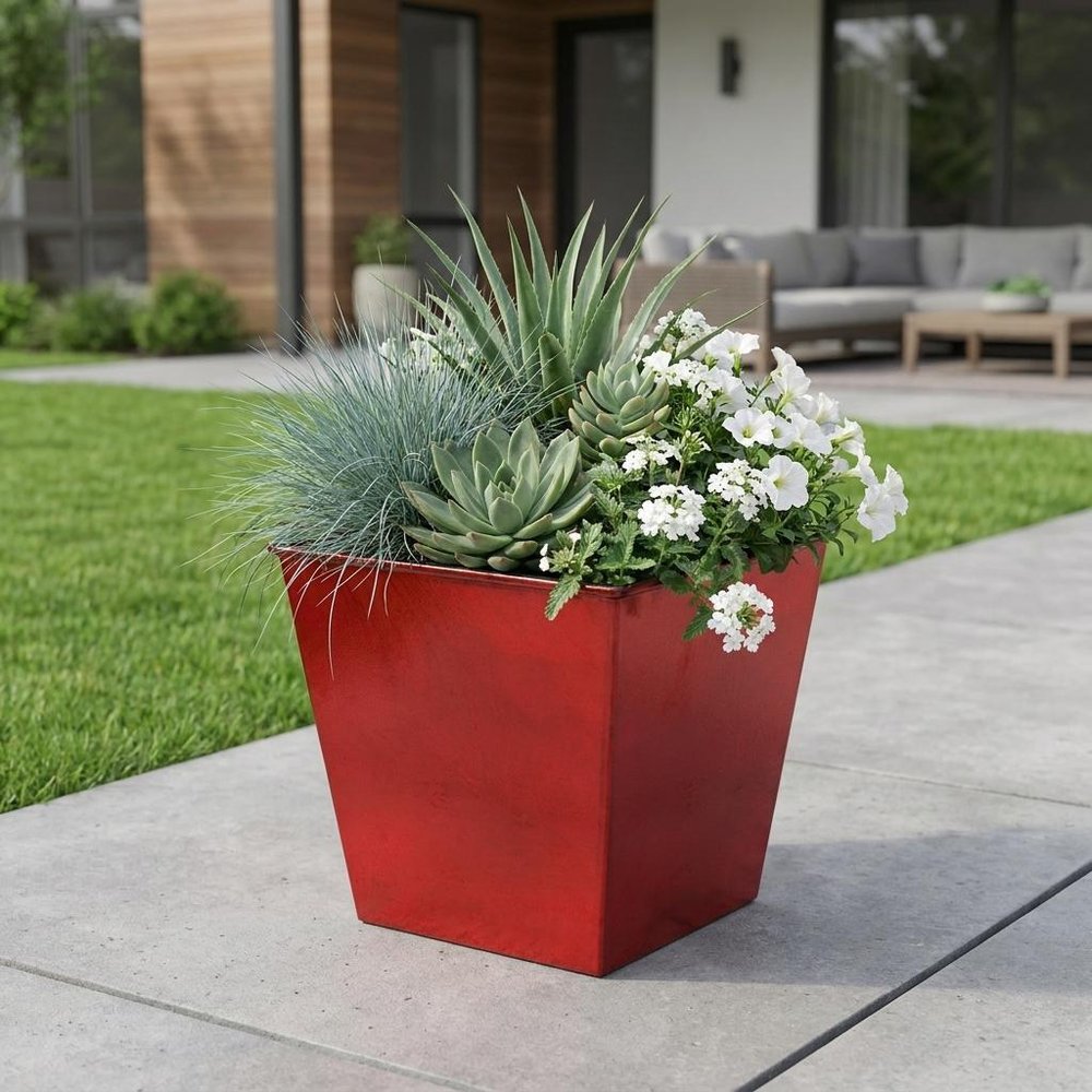 5" Red Recycled Plastic Indoor Outdoor Square Pot Planter