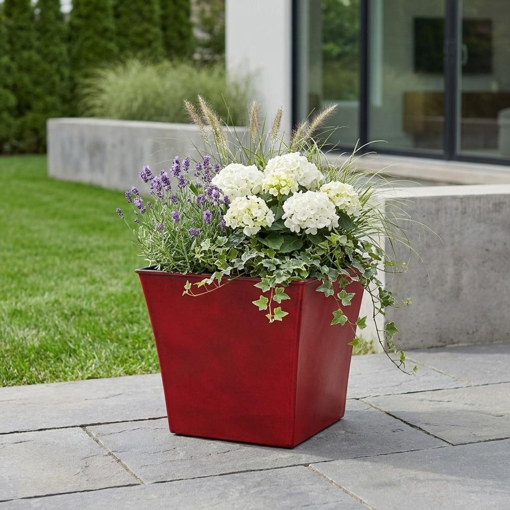 7" Red Recycled Plastic Indoor Outdoor Square Pot Planter