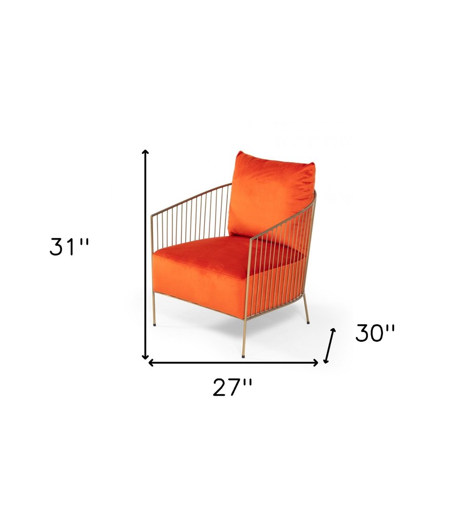 27" Orange And Gold Velvet Arm Chair