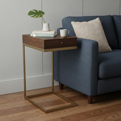 27" Natural Brown Solid And Manufactured Wood Square End Table With Drawer