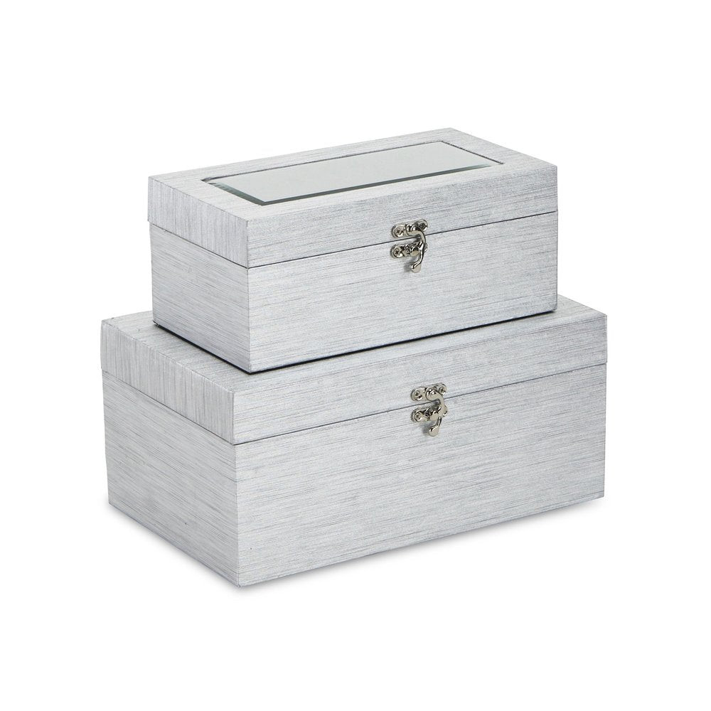 Set of Two Silver Nesting Wood And Mirrored Glass Organizing Box With Lid