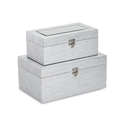Set of Two Silver Nesting Wood And Mirrored Glass Organizing Box With Lid