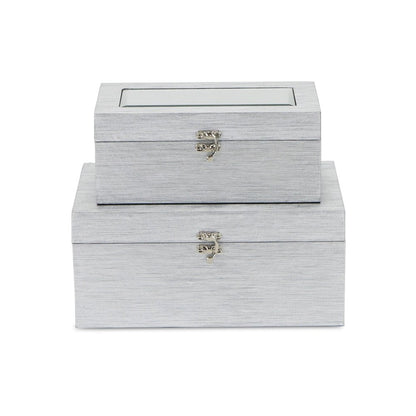 Set of Two Silver Nesting Wood And Mirrored Glass Organizing Box With Lid