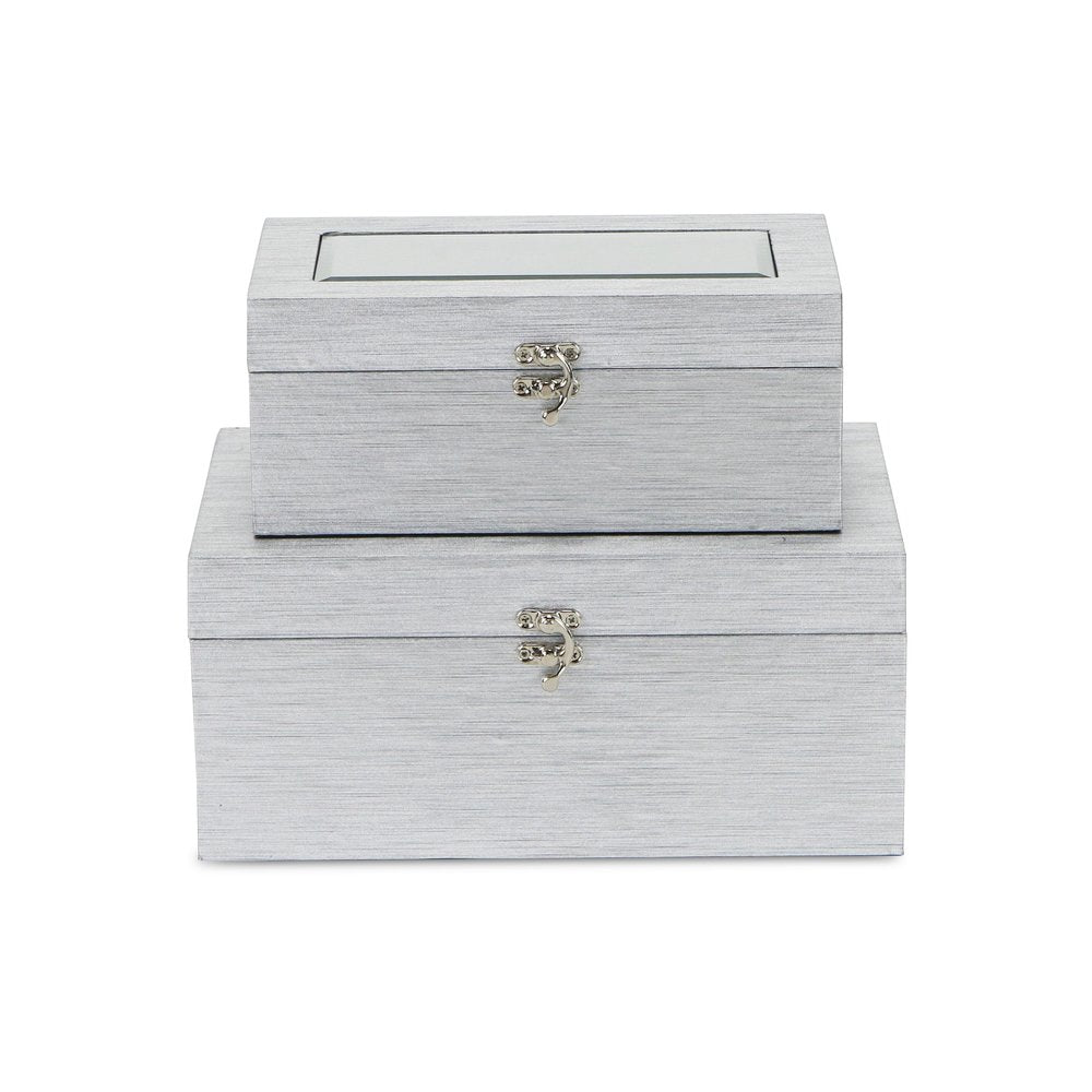 Set of Two Silver Nesting Wood And Mirrored Glass Organizing Box With Lid