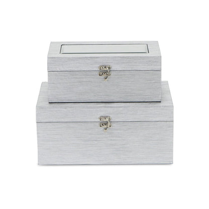 Set of Two Silver Nesting Wood And Mirrored Glass Organizing Box With Lid