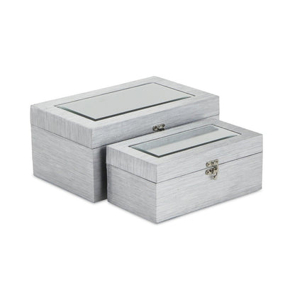 Set of Two Silver Nesting Wood And Mirrored Glass Organizing Box With Lid