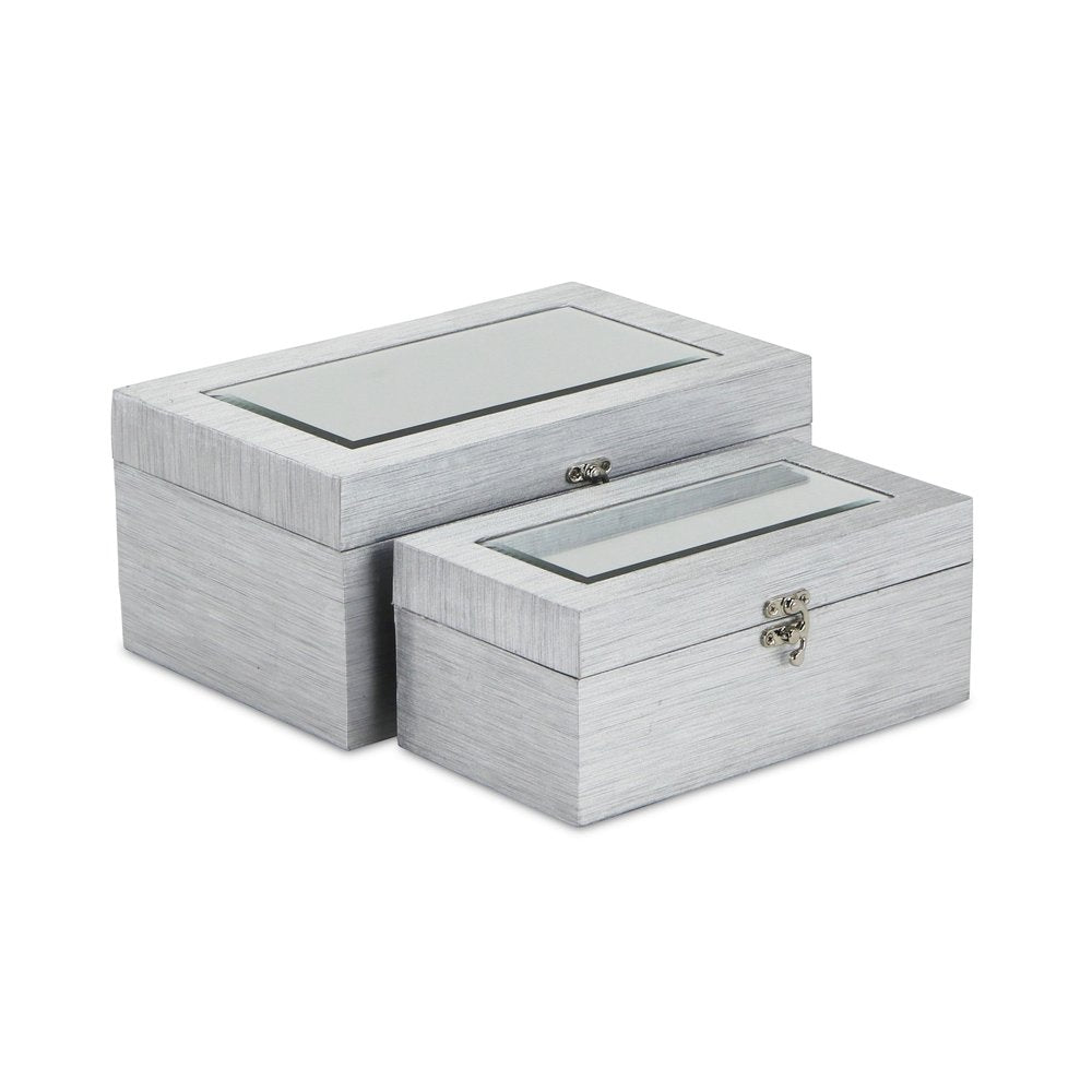 Set of Two Silver Nesting Wood And Mirrored Glass Organizing Box With Lid