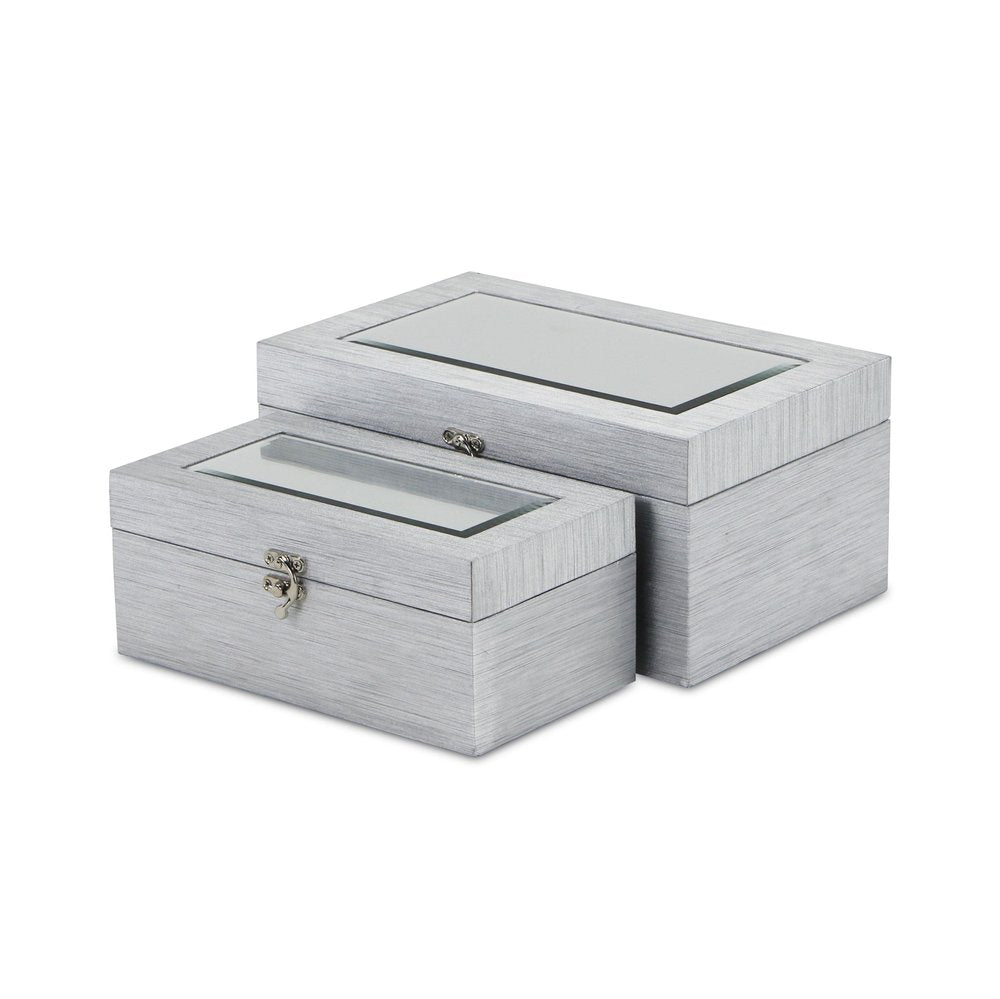Set of Two Silver Nesting Wood And Mirrored Glass Organizing Box With Lid