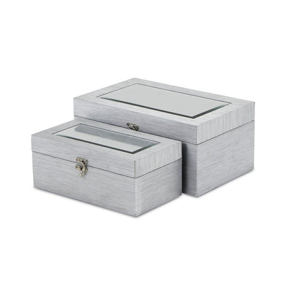 Set of Two Silver Nesting Wood And Mirrored Glass Organizing Box With Lid