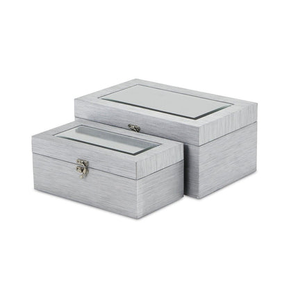 Set of Two Silver Nesting Wood And Mirrored Glass Organizing Box With Lid