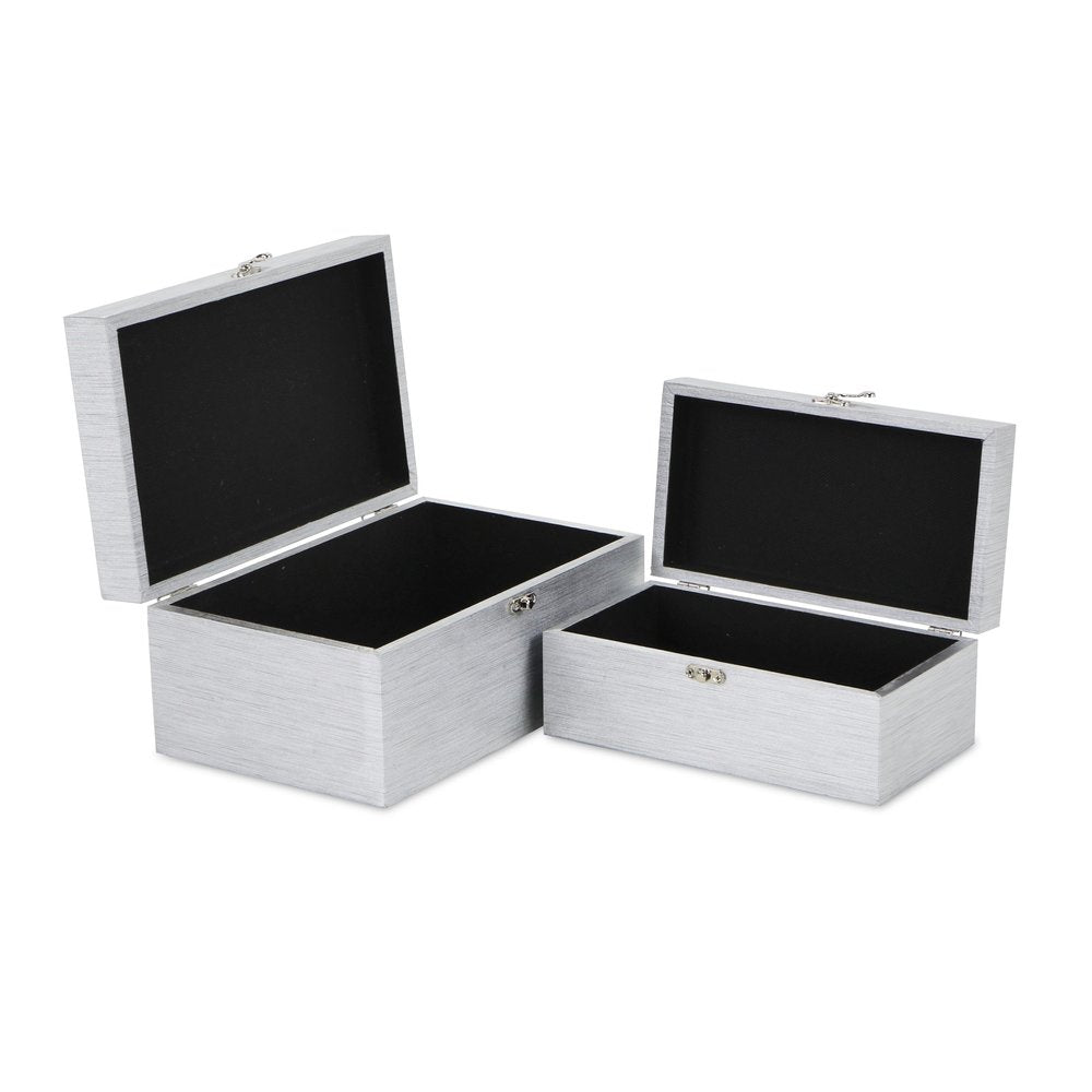 Set of Two Silver Nesting Wood And Mirrored Glass Organizing Box With Lid