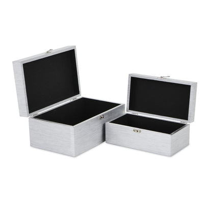 Set of Two Silver Nesting Wood And Mirrored Glass Organizing Box With Lid