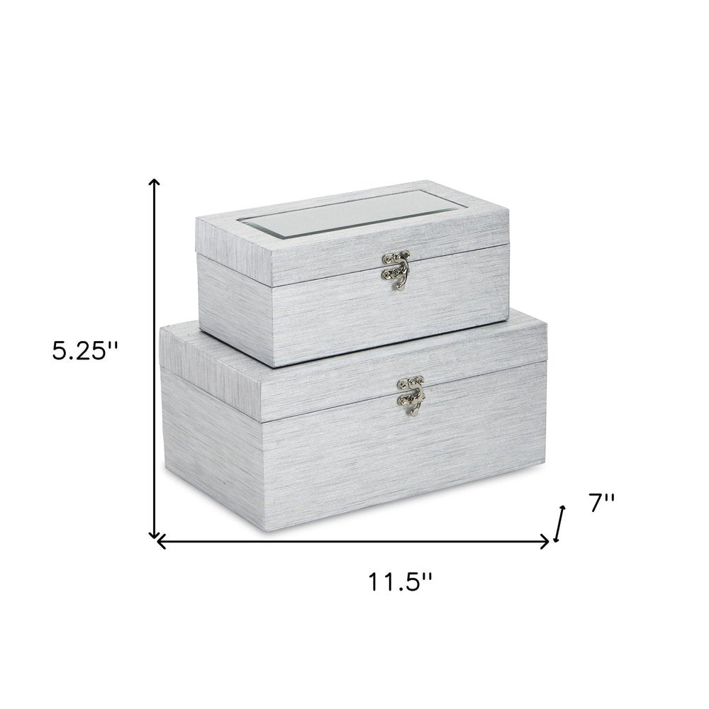 Set of Two Silver Nesting Wood And Mirrored Glass Organizing Box With Lid
