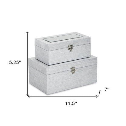 Set of Two Silver Nesting Wood And Mirrored Glass Organizing Box With Lid