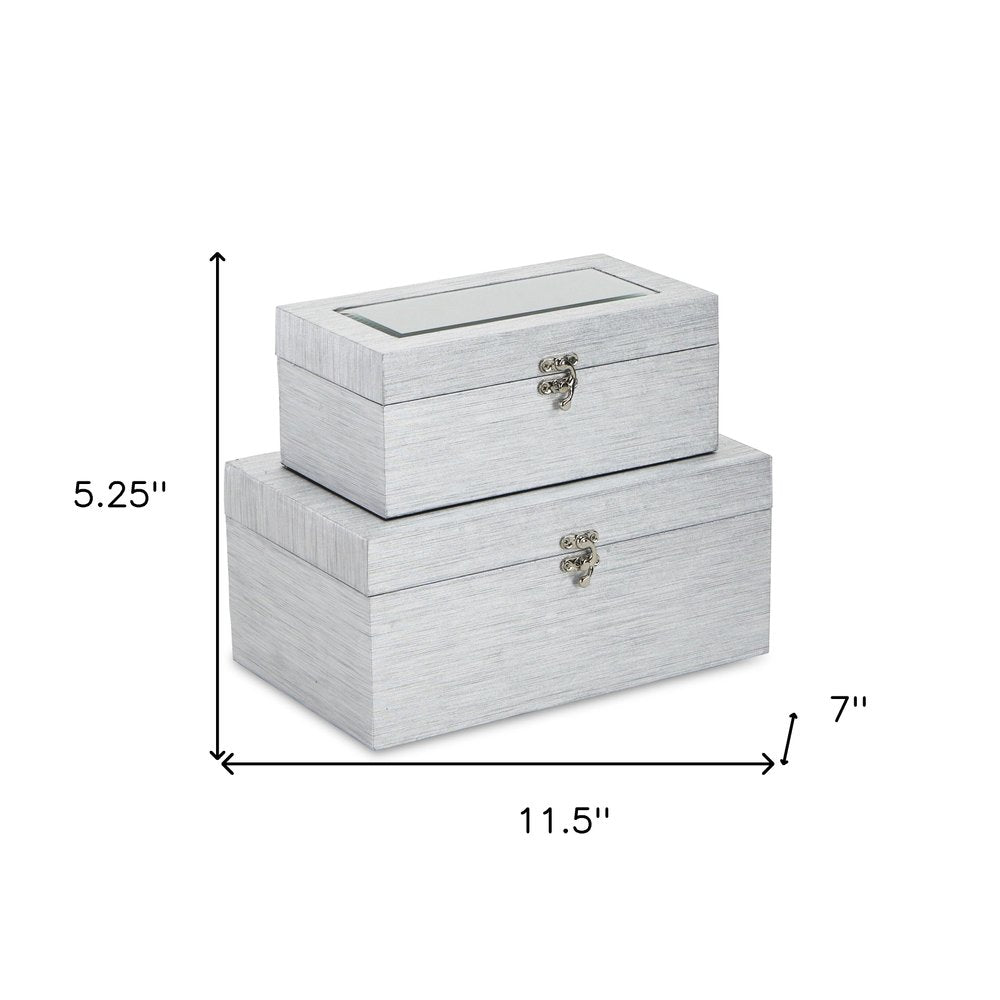 Set of Two Silver Nesting Wood And Mirrored Glass Organizing Box With Lid