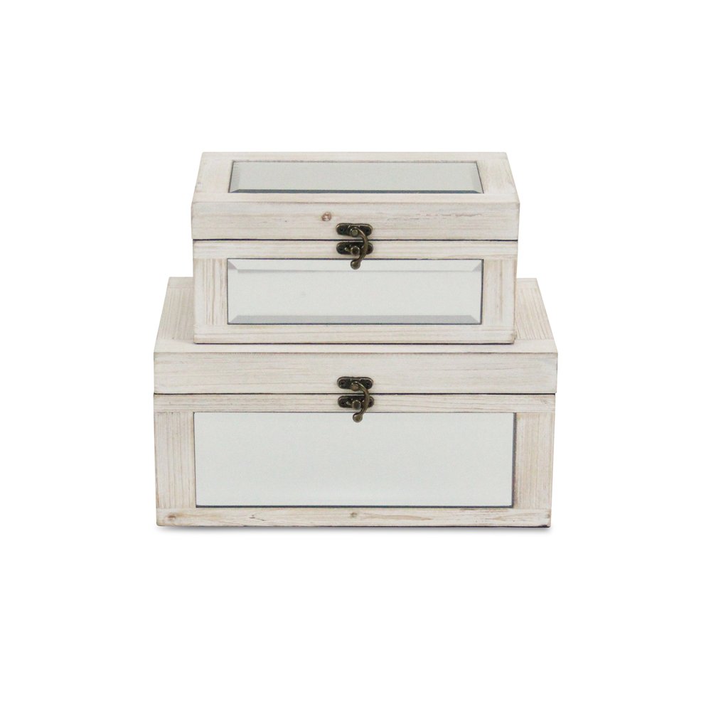 Set of Two White Nesting Wood And Mirrored Glass Organizing Box With Lid