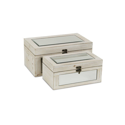 Set of Two White Nesting Wood And Mirrored Glass Organizing Box With Lid