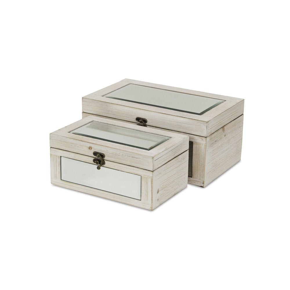 Set of Two White Nesting Wood And Mirrored Glass Organizing Box With Lid