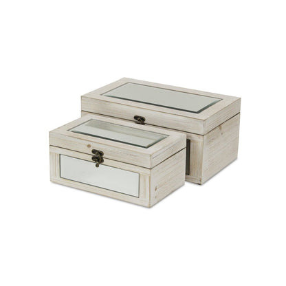 Set of Two White Nesting Wood And Mirrored Glass Organizing Box With Lid