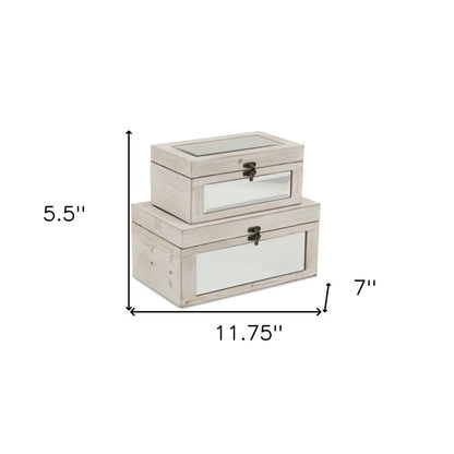 Set of Two White Nesting Wood And Mirrored Glass Organizing Box With Lid
