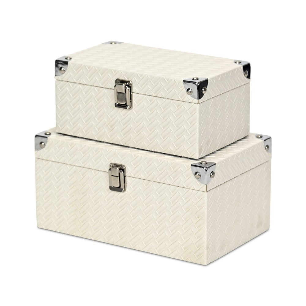 Set of Two White Nesting Metal And Solid Wood Organizing Box With Lid
