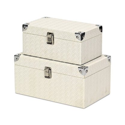 Set of Two White Nesting Metal And Solid Wood Organizing Box With Lid