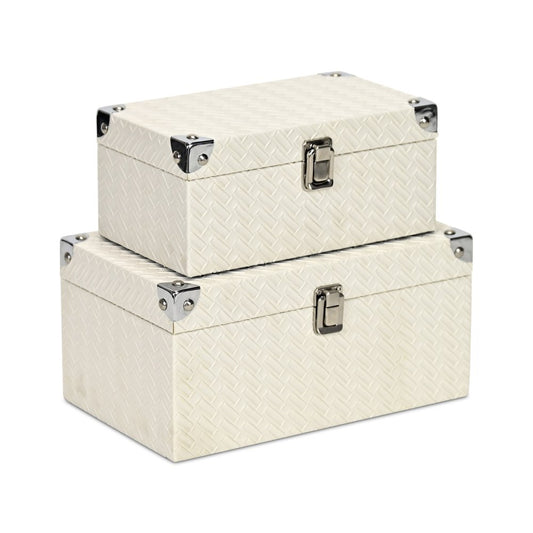 Set of Two White Nesting Metal And Solid Wood Organizing Box With Lid