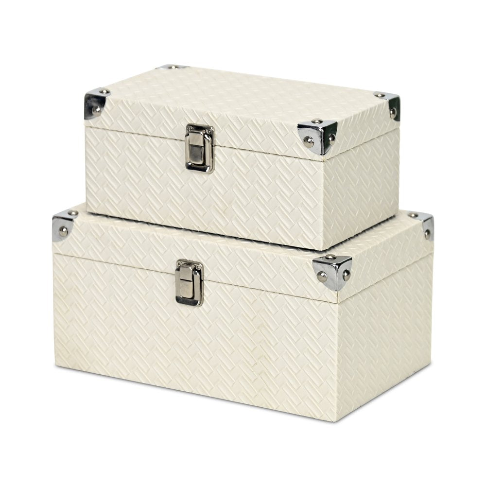 Set of Two White Nesting Metal And Solid Wood Organizing Box With Lid