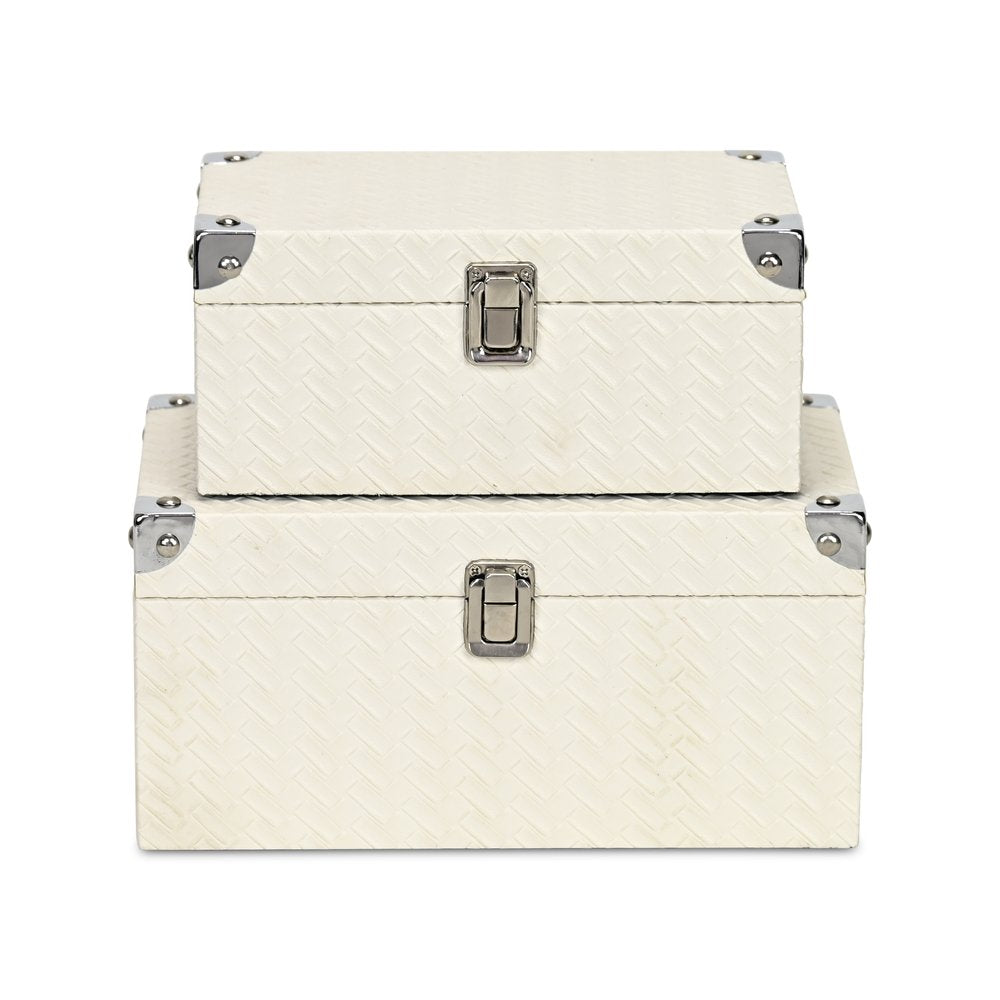 Set of Two White Nesting Metal And Solid Wood Organizing Box With Lid
