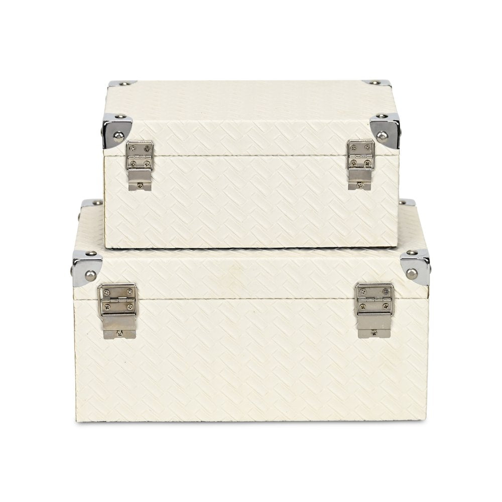 Set of Two White Nesting Metal And Solid Wood Organizing Box With Lid