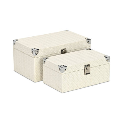 Set of Two White Nesting Metal And Solid Wood Organizing Box With Lid